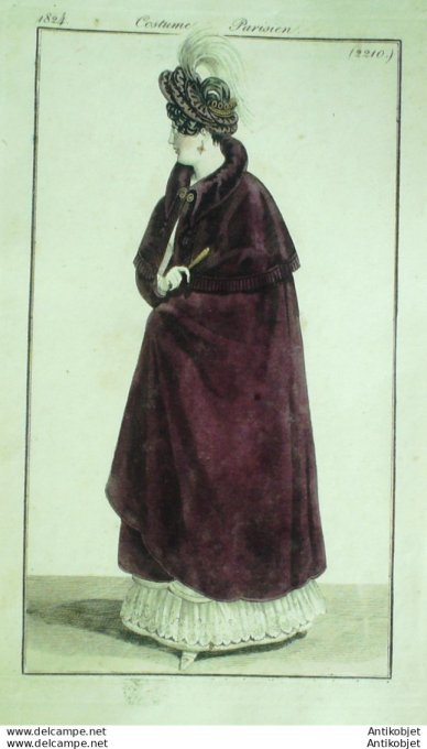 Gravure de mode Costume Parisien 1824 n°2210 Robe tulle manteau de casimir