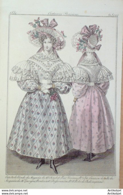 Gravure de mode Costume Parisien 1830 n°2800 Canezou de tulle capote