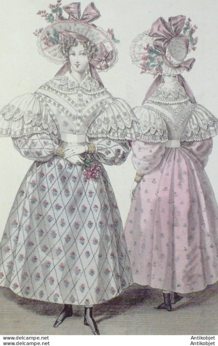 Gravure de mode Costume Parisien 1830 n°2800 Canezou de tulle capote