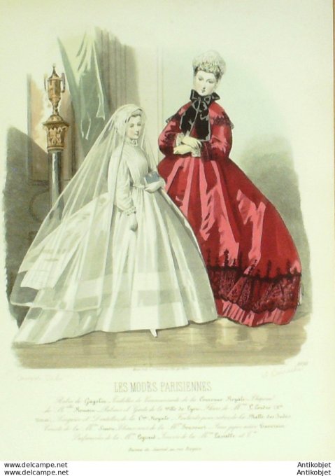 Gravure Les Modes Parisiennes 1863 #1098 Robe communiante Maison Cagelin