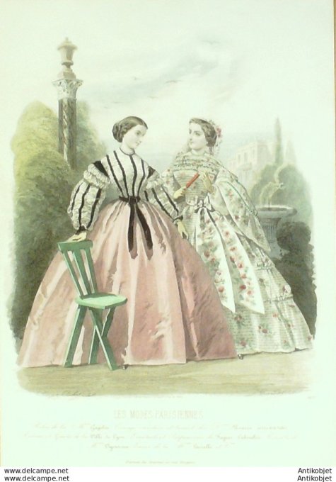 Gravure Les Modes Parisiennes 1860 # 907 Robes de satin Maison Gagelin