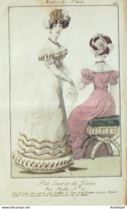 Gravure de mode Petit courrier des Dames 1823 n° 190 Robe crêpe  (Maison Ferdinant)