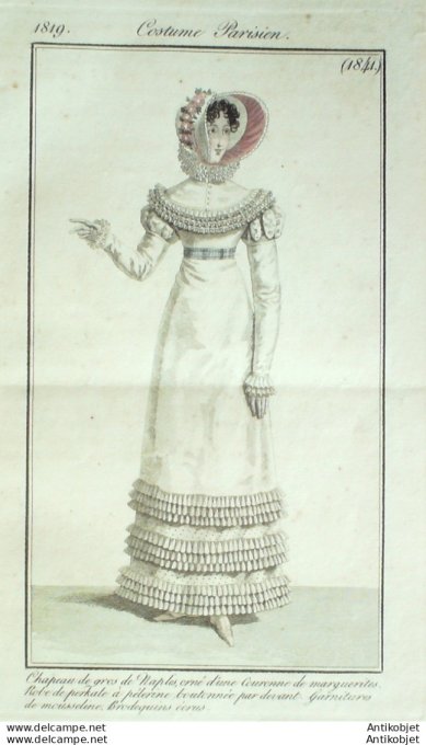 Gravure de mode Costume Parisien 1819 n°1841 Robe perkale à Pélerine boutonnée