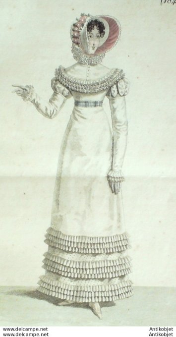 Gravure de mode Costume Parisien 1819 n°1841 Robe perkale à Pélerine boutonnée