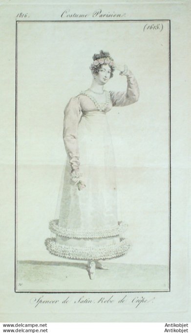 Gravure de mode Costume Parisien 1816 n°1615 Spencer de satin Robe crêpe