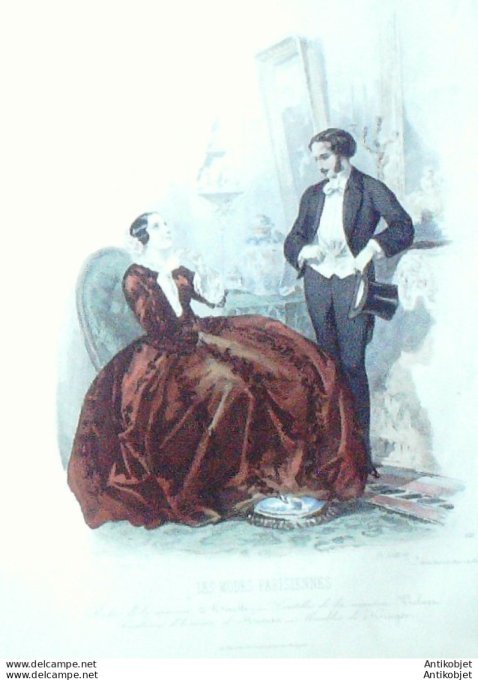 Gravure Les Modes Parisiennes 1851 # 615 R5obe costume Maison Minette
