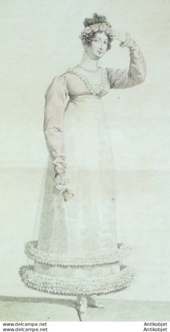 Gravure de mode Costume Parisien 1816 n°1615 Spencer de satin Robe crêpe