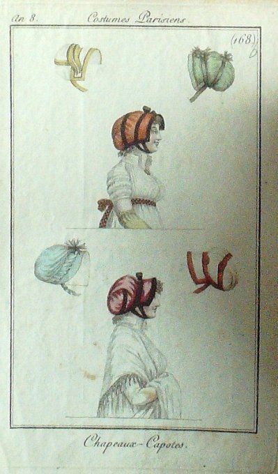 Gravure Mode Costume Parisien 1799 an  8 # 168b (eau forte old Fashion plate