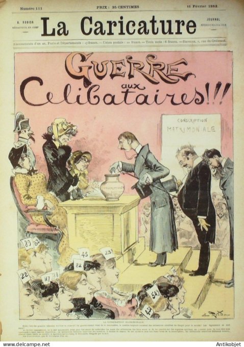 La Caricature 1882 #111 Guerre aux célibataires Robida Mme Machideau Quidam