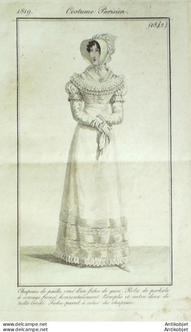 Gravure de mode Costume Parisien 1819 n°1842 Robe perkale à corsage froncé