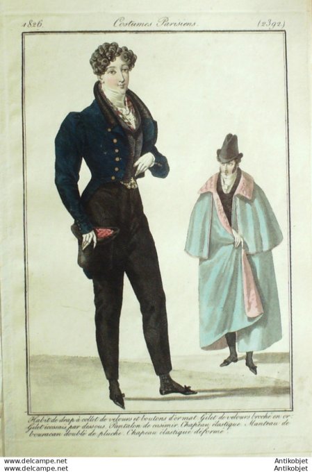 Gravure de mode Costume Parisien 1826 n°2392 Habit de drap homme pantalon casimir
