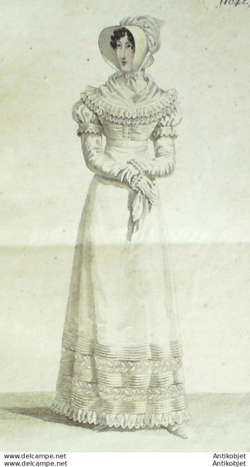 Gravure de mode Costume Parisien 1819 n°1842 Robe perkale à corsage froncé