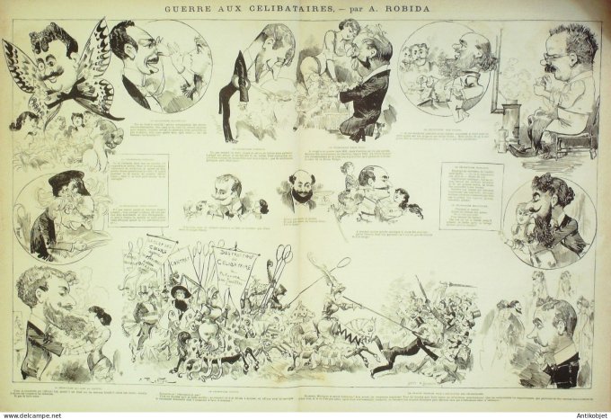 La Caricature 1882 #111 Guerre aux célibataires Robida Mme Machideau Quidam