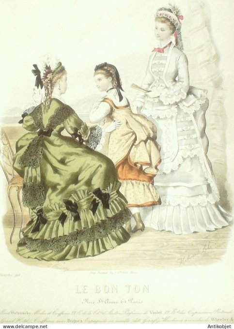 Gravure Mode Le Bon Ton 1873 # 90 (aquarelle old fashion plate)