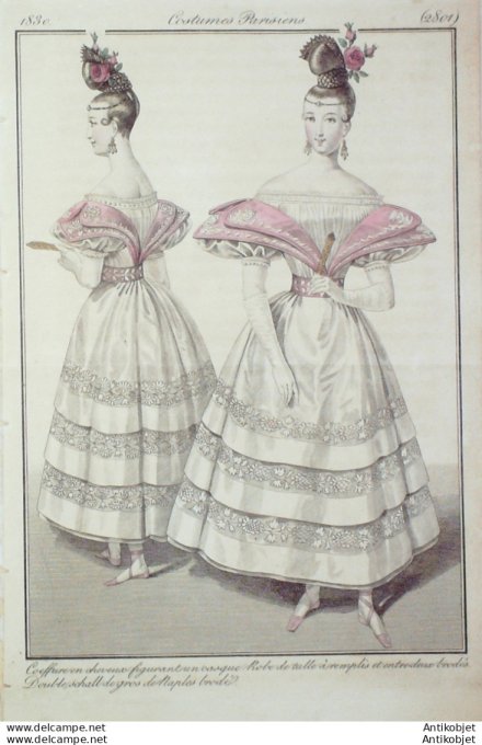 Gravure de mode Costume Parisien 1830 n°2801 Robe de tulle à remplis et entre deux