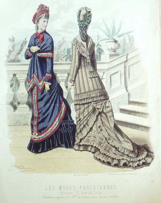 Gravure Les Modes Parisiennes 1877 #1716 Robes Mantelet velours Maison Vertus
