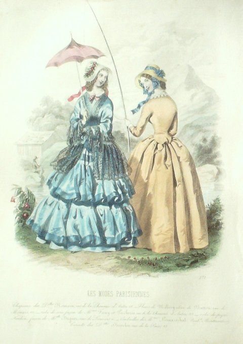 Gravure Les Modes Parisiennes 1846 # 171 Robe de soie Maison Mounier - Copie
