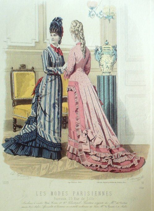 Gravure Les Modes Parisiennes 1877 #1720 Robes tissu imprimé Maison Roussel at