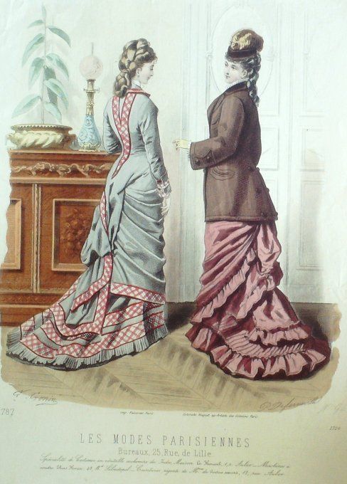 Gravure Les Modes Parisiennes 1877 #1724 Robes velours manteau tissu Maison Roussel Gd fo
