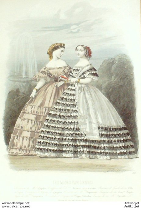 Gravure Les Modes Parisiennes 1860 # 909 Robes satin Maison Gagelin