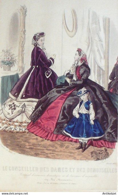 Gravure Mode Conseiller des Dames 1865 #  2 (aquarellee Old Fashion plate)