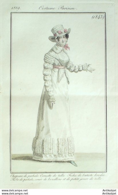Gravure de mode Costume Parisien 1819 n°1843 Fichu de batiste brodée