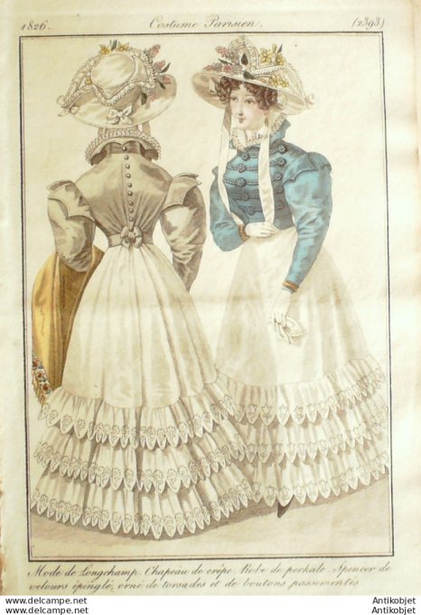 Gravure de mode Costume Parisien 1826 n°2393 Spencer de velours Robe perkale
