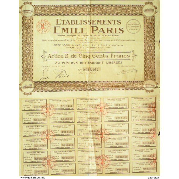 Emile Ets Paris  Nice (06) action 500 Fr 1931