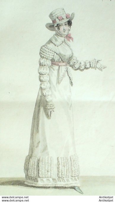 Gravure de mode Costume Parisien 1819 n°1843 Fichu de batiste brodée