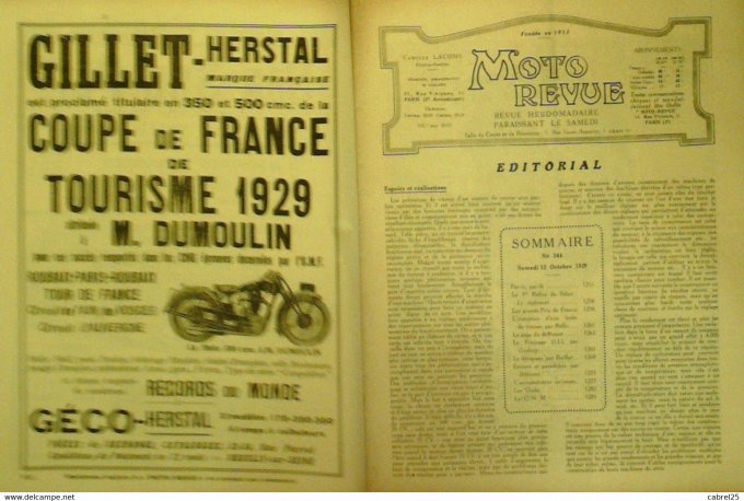 Moto Revue 1929 n° 344 Sidecar GP France Gaussorgues New Map GP Europe