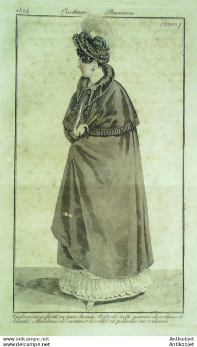 Gravure de mode Costume Parisien 1824 n°2210c Robe tulle manteau de casimir