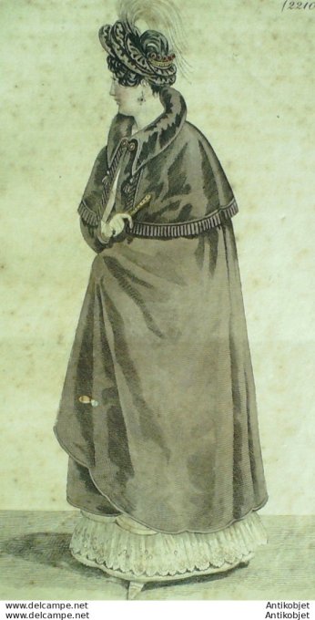 Gravure de mode Costume Parisien 1824 n°2210c Robe tulle manteau de casimir