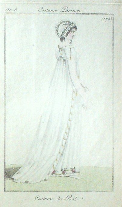 Gravure Mode Costume Parisien 1799 an  8 # 173 (eau forte old Fashion plate
