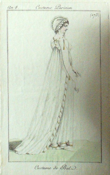 Gravure Mode Costume Parisien 1799 an  8 # 173 (eau forte old Fashion plate