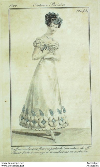 Gravure de mode Costume Parisien 1822 n°2045 Robe à corsage et mancherons