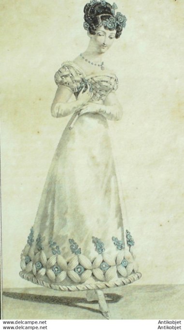 Gravure de mode Costume Parisien 1822 n°2045 Robe à corsage et mancherons