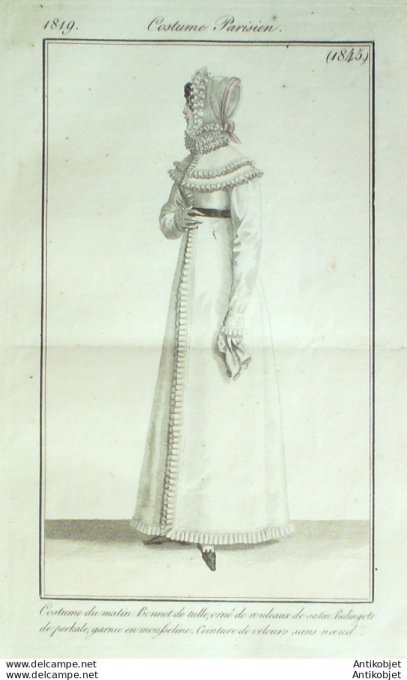 Gravure de mode Costume Parisien 1819 n°1845 Costume du matin en Perkale