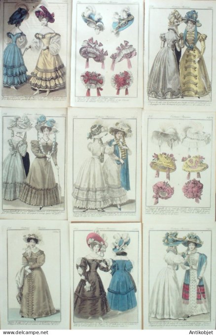 Gravures de mode Costume Parisien 1825 à 1829 Lot 36 9 pièces