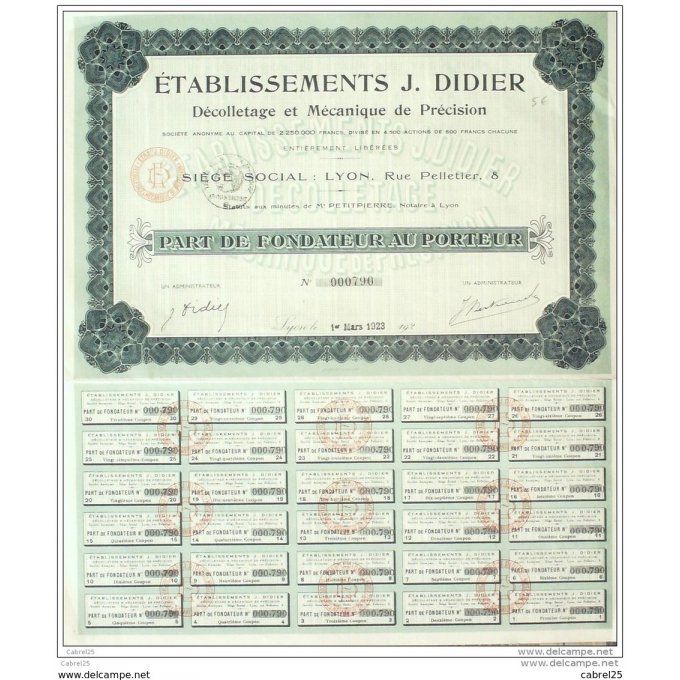J.Didier Décolletage Mecanique de Precision Lyon (69) action 500 Fr 1923