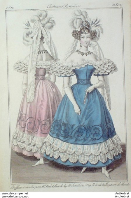 Gravure de mode Costume Parisien 1830 n°2802 Robe de tulle garnie de blonde
