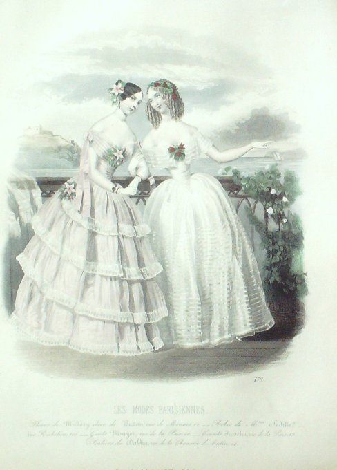 Gravure Les Modes Parisiennes 1846 # 176 Robes de dentelle Maison Seville