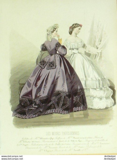 Gravure Les Modes Parisiennes 1863 #1100 Robes satin Maison Ghys