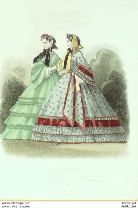 Gravure Les Modes Parisiennes 1860 # 910 Robes d'automne Maison Fauvet
