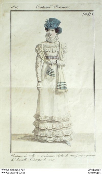 Gravure de mode Costume Parisien 1819 n°1847 Robe mousseline garnie de dentell