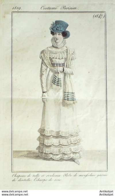 Costume Parisien 1819 # 1847 Robe mousseline garnie de dentell