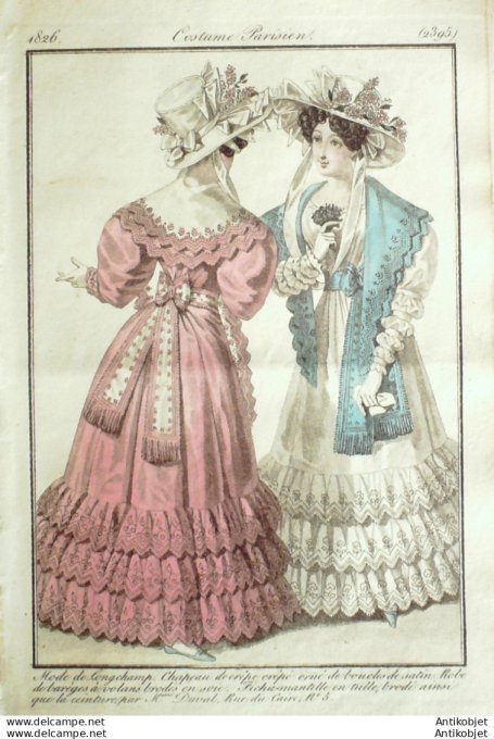 Gravure de mode Costume Parisien 1826 n°2395 Robe de Barèges à volants