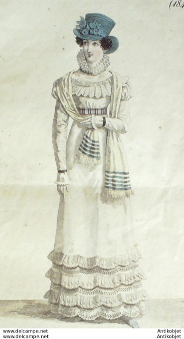 Gravure de mode Costume Parisien 1819 n°1847 Robe mousseline garnie de dentell