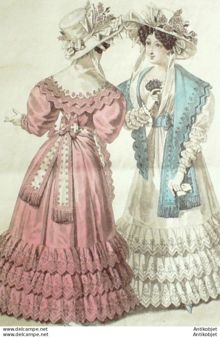 Gravure de mode Costume Parisien 1826 n°2395 Robe de Barèges à volants