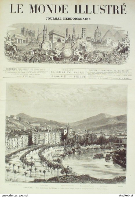 Le Monde illustré 1874 n°891 Espagne Bilbao Cherbourg (50) Vincennes (94) chasse aux Hannetons