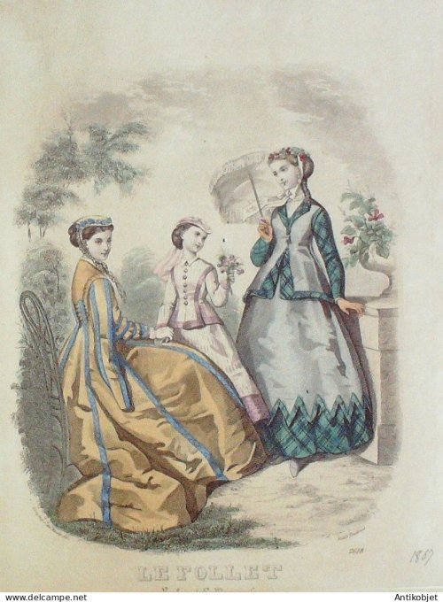 Gravure Mode Le Follet 1867 # 2618 (aquarelle Old Fashion plate)